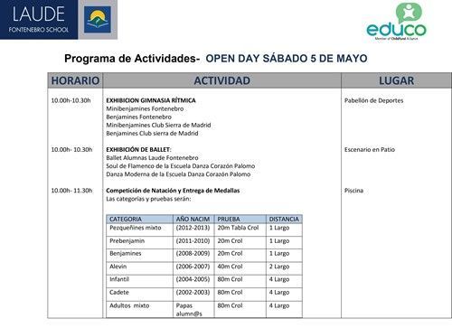 PROGRAMA DEL OPEN DAY 5 MAYO- EXHIBICION DE EXTRAESCOLARES Y CARRERA SOLIDARIA